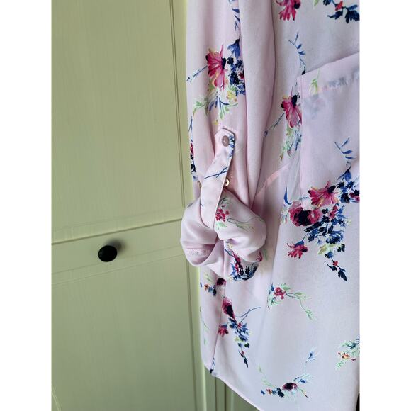 Roaman's Plus Size Light Pink Floral lightweight button up long sleeve blouse - Picture 5 of 9